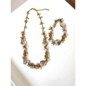 Gold Necklace & Bracelet Seashells Pearls & Gemstones Iridescent Accents Beach